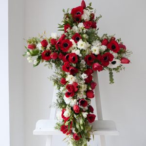 Croix funéraire fleurie Signature Rouge et Blanche